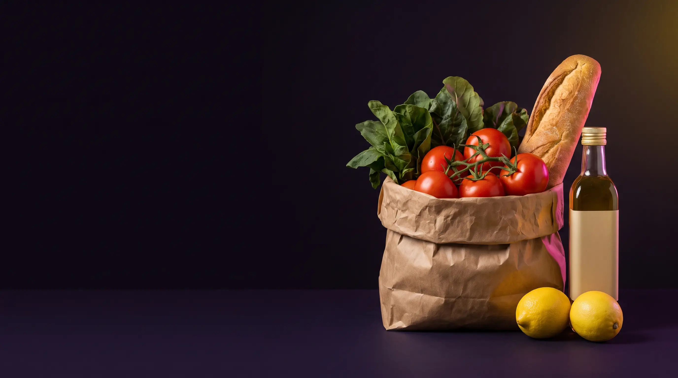 Fotografia de uma sacola com verduras, tomates e pão, ao lado de uma garrafa de azeite e limões.